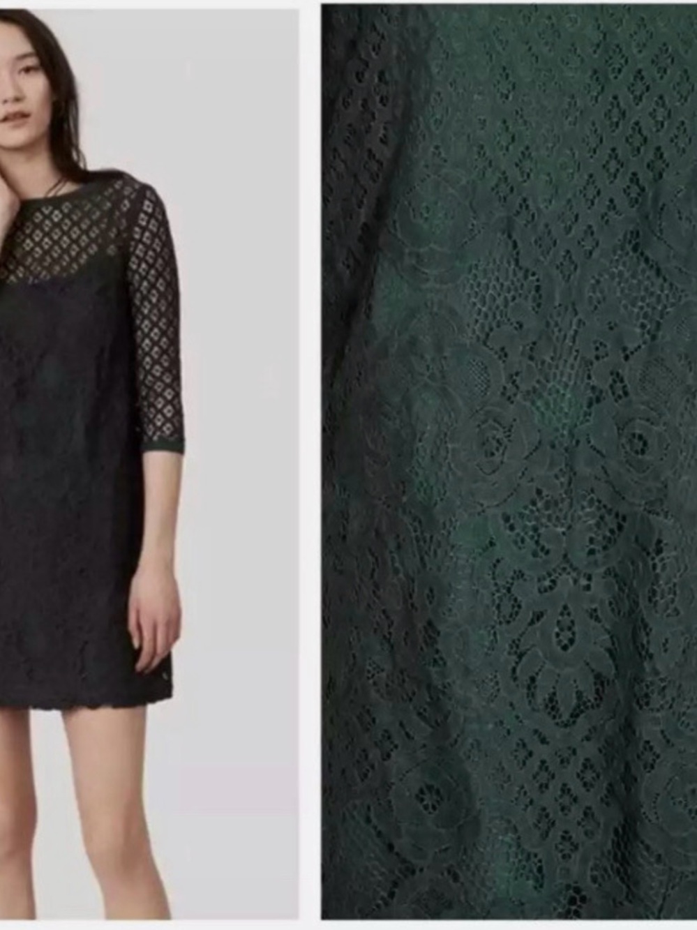 LOFT Dark Green Lace Mini Dress with Sheer Sleeves